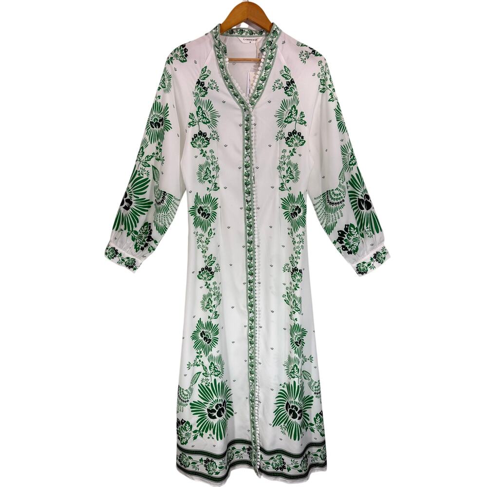 Commense White Maxi Dress with Green Floral Print